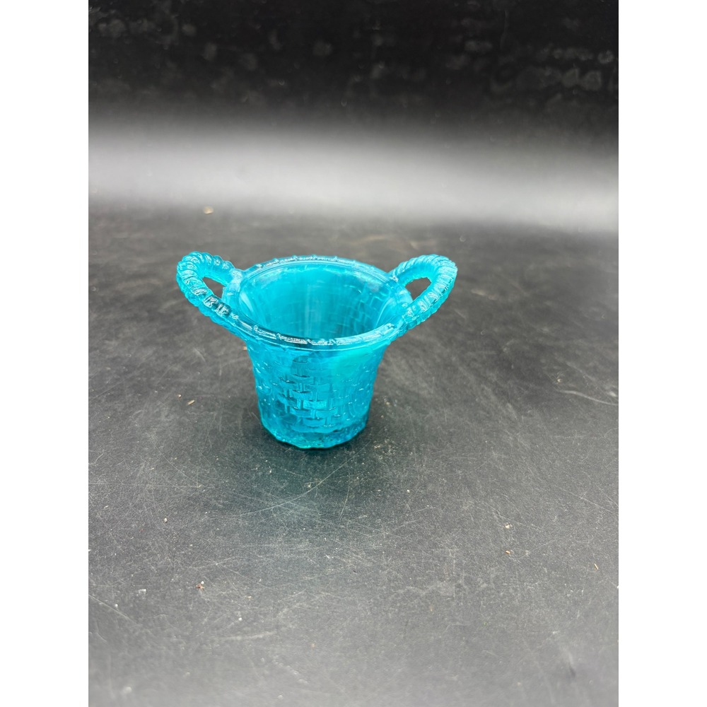 Vintage Turquoise Blue Slag Glass Miniature Basketweave Toothpick Holder 2 Inch
